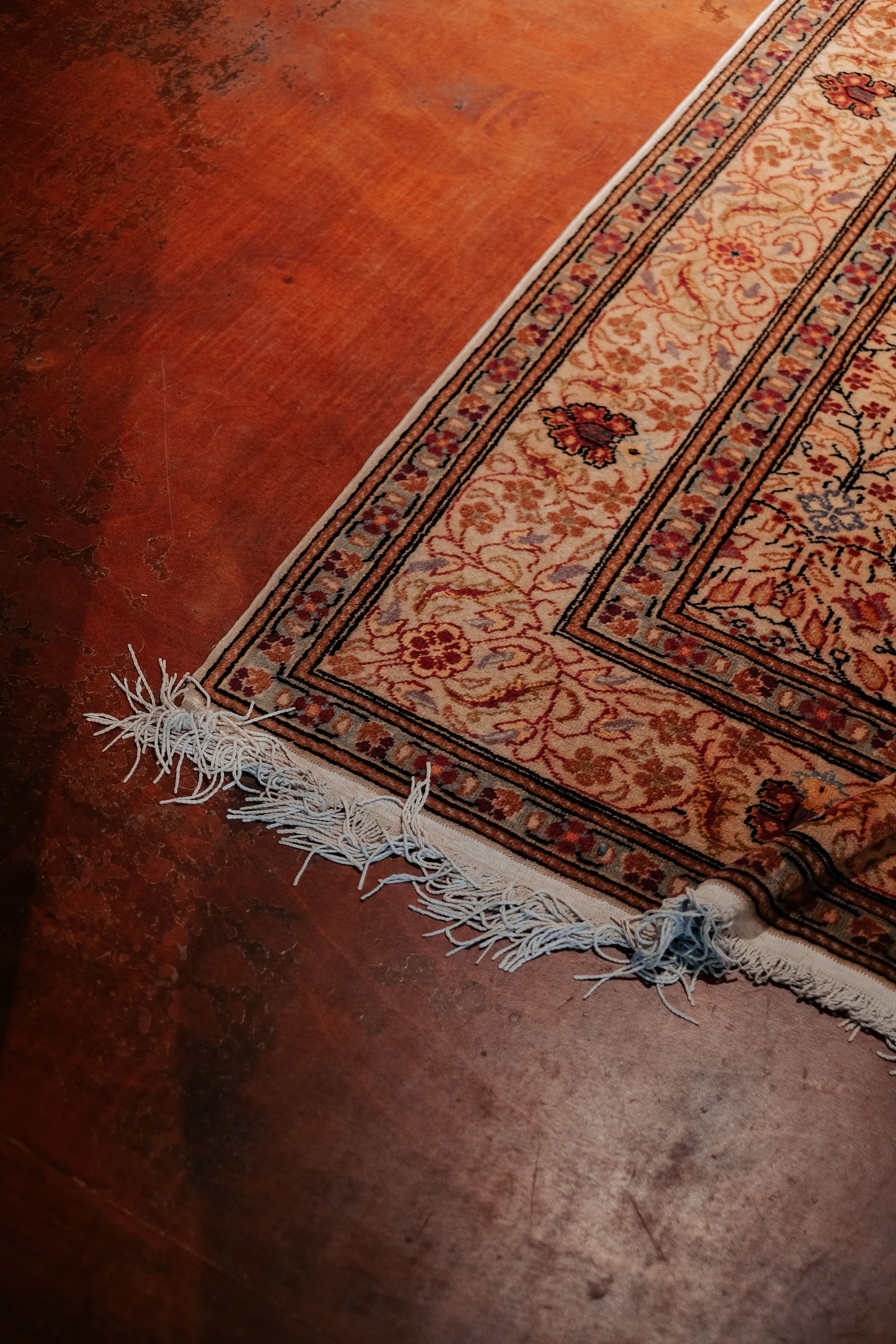 Close-up of a patterned rug with its fringe